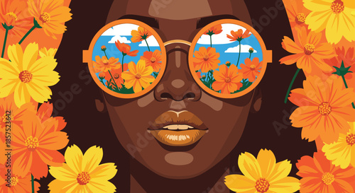 Portrait of Black woman with floral reflection in sunglasses. Vector illustration of fashion girl surrounded by orange cosmos flowers.