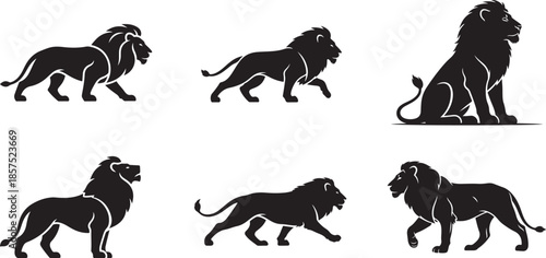 Collection of Lion Silhouettes Depicting the King of the Jungle in Various Action and Static Poses Such as Standing, Sitting, and Prowling for Royal Branding , Generative Ai