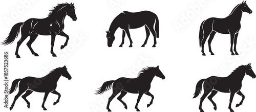 Collection of Black Horse Silhouettes in Various Poses Including Running, Galloping, Grazing, and Standing Stallions for Equestrian Branding and Design , Generative Ai
