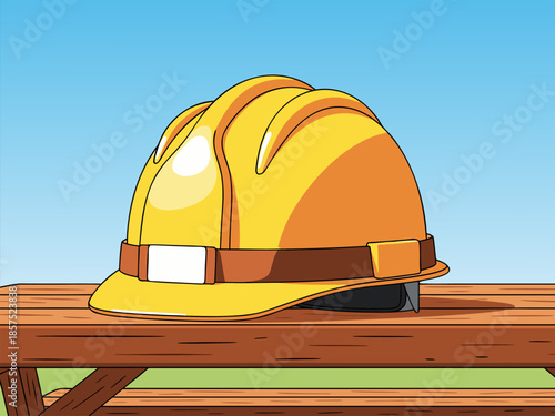 Vector illustration of a yellow hard hat on a wooden beam against a blue sky