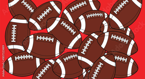 American football balls background pattern. Pile of brown leather sports balls with laces on red. Vector illustration of sports equipment texture and wallpaper.