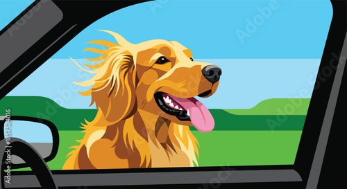 Happy Golden Retriever dog sticking head out of car window. Pet enjoying a road trip with wind in fur. Flat vector illustration design template.