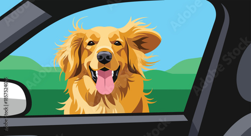 Happy Golden Retriever dog looking into a car window. View from inside vehicle of a smiling pet on a road trip. Flat vector illustration design template.