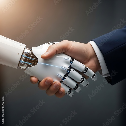 Futuristic cyborg hand meeting a professional human hand against a bright office background, representing the future of digital partnership