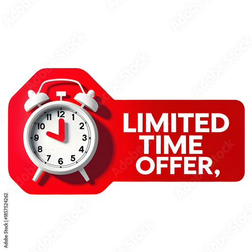 Urgent limited time offer graphic design featuring a white alarm clock against a bright red banner emphasizing scarcity and immediate action for promotions