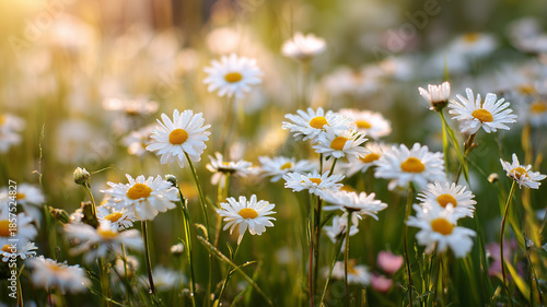 A field of daisies in the soft morning light their petals glistening with dew and creating an enchanting scene. the grassy meadow is bathed in warm sunlight as the flowers bloom. Ai generated