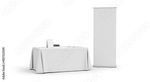 Blank white table with tablecloth and a rollup banner stand mockup, ready for branding or product display, isolated on white background