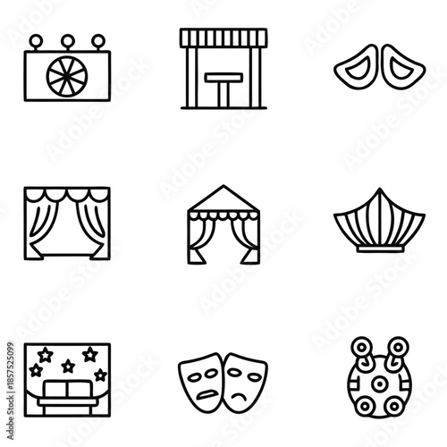 Collection of nine black outline icons representing carnival circus theater and entertainment venue elements