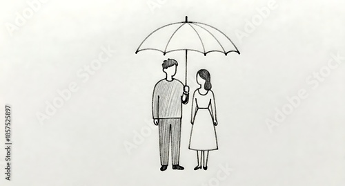一つの大きな傘に入って雨宿りをするカップルのスケッチ