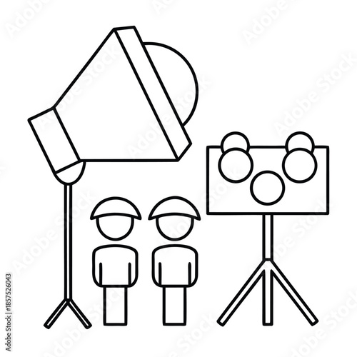Simple black and white line art icon representing a film set with two figures a light and reflectors
