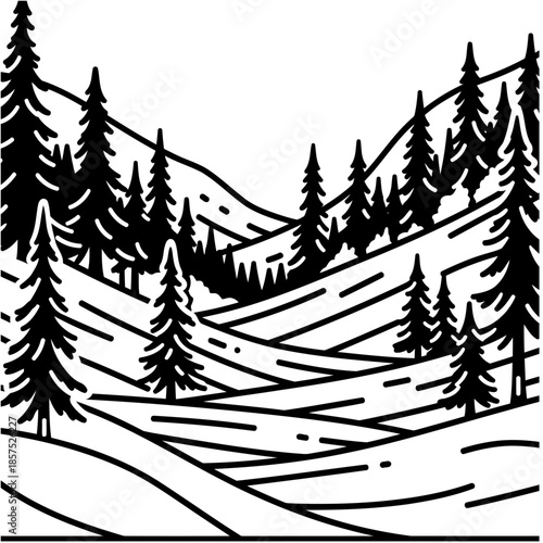 Monochrome mountain landscape with pine trees