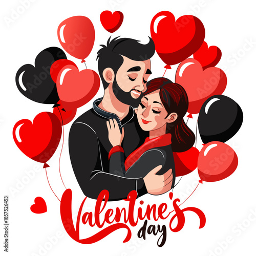 Couple hugs surrounded by heart shaped balloons