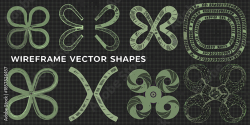 Collection of abstract wireframe vector shapes in muted green tones