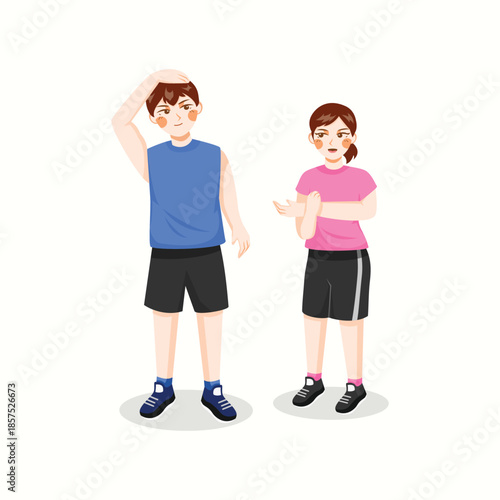 A flat illustration of two kids doing warm up exercises together, representing fitness preparation and healthy physical activities.