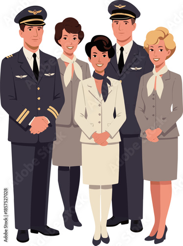 Create a realistic Aircrew consisting of two pilots and three flight attendants standing vector art with white background.
