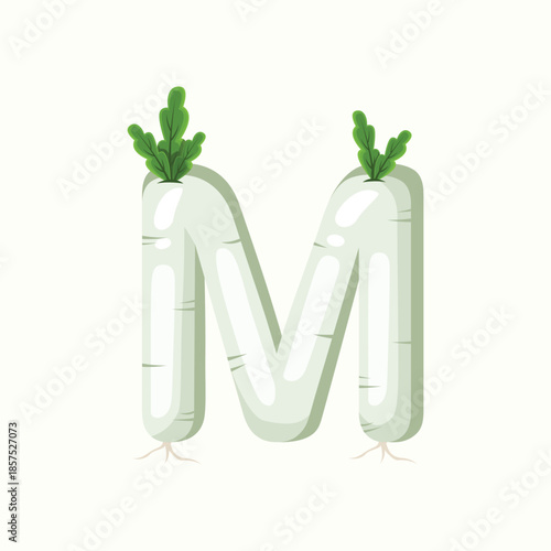 A playful flat illustration of the letter M created from white radish elements, suitable for alphabet visuals and healthy food education.