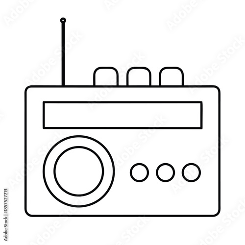 Simple black and white line art icon representing a portable radio receiver with an antenna and controls