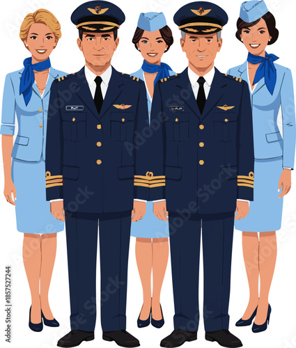 Create a realistic Aircrew consisting of two pilots and three flight attendants standing vector art with white background