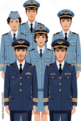 Create a realistic Aircrew consisting of two pilots and three flight attendants standing vector art with white background