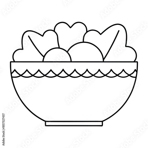 Simple black and white outline drawing of a fresh salad bowl ready for healthy eating and dieting