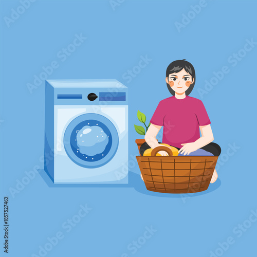 A flat illustration of a woman doing laundry at home with a washing machine and laundry basket, representing household chores and daily routines.