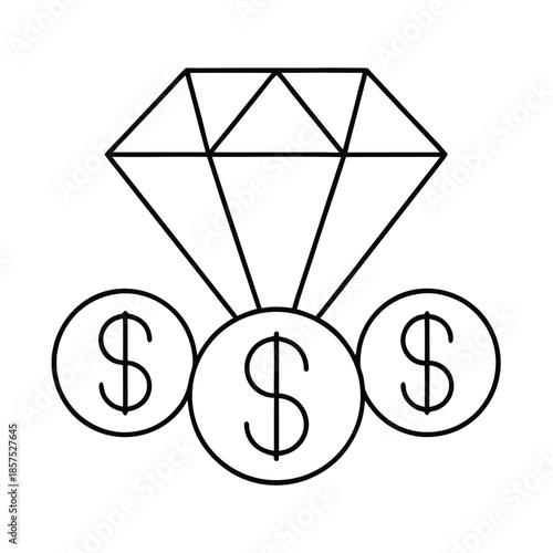 Simple black line art icon representing wealth accumulation through valuable assets like diamonds and currency