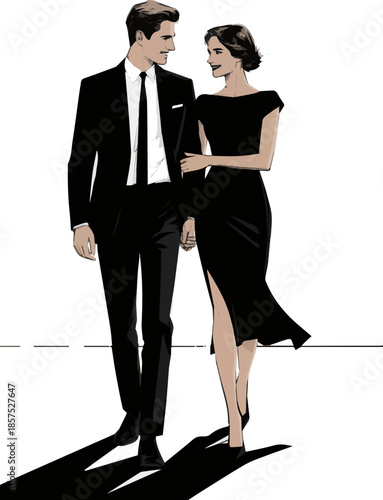 Create a realistic Couple in elegant black clothes walking hand in hand going to drink champagne after a party vector art with white background.