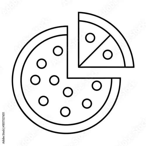 Simple black and white line art icon representing a delicious pizza with one slice perfectly removed for sharing