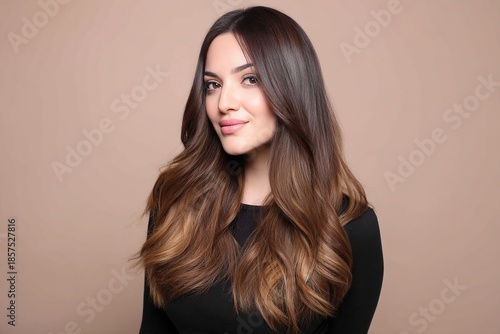 Beautiful woman with long wavy shiny straight hair, long loose waves and slightly brown-tinted roots, showcasing elegant hairstyle and natural feminine charm for beauty and fashion themes.
