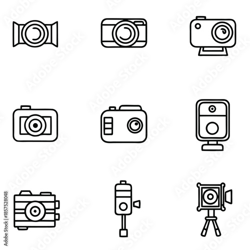 Collection of nine distinct black line art icons representing various types of photographic cameras and recording devices