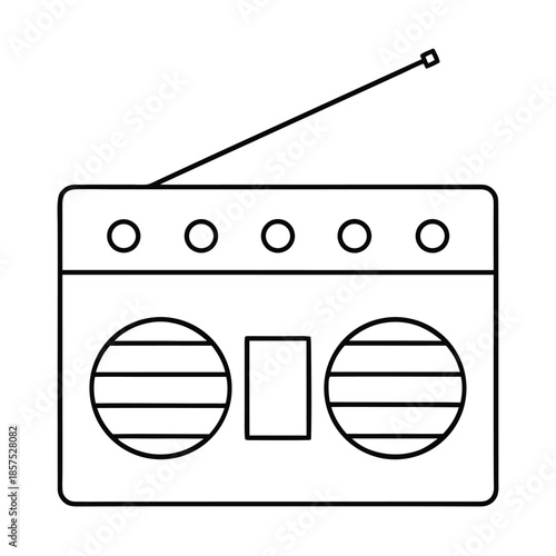 Simple black and white line art icon representing a vintage portable radio cassette player with an antenna