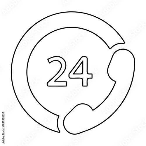 Outline icon representing twenty four hour customer support service availability with a telephone receiver symbol