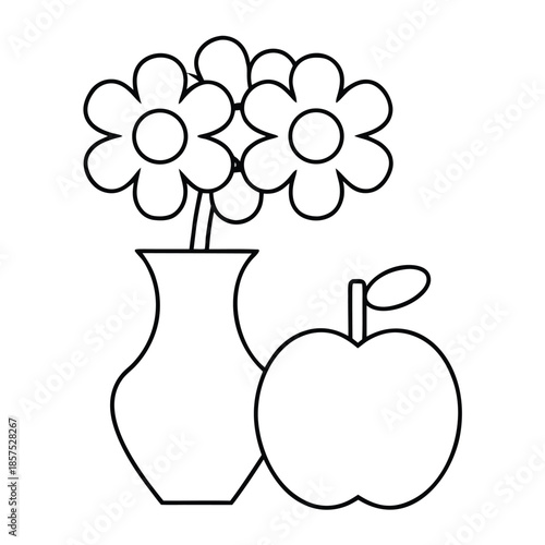 Simple black and white outline drawing of flowers in a vase next to a single fresh apple fruit