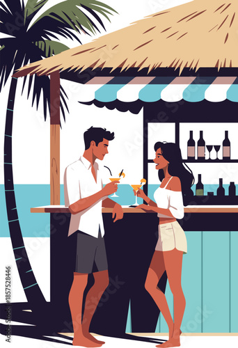 Create a realistic Man and woman standing in a beach bar and drinking cocktails vector art with white background.