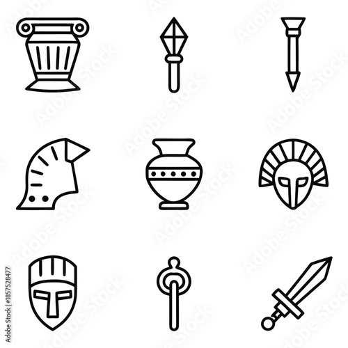 Collection of ancient greek and roman civilization icons featuring architecture armor pottery and weaponry symbols
