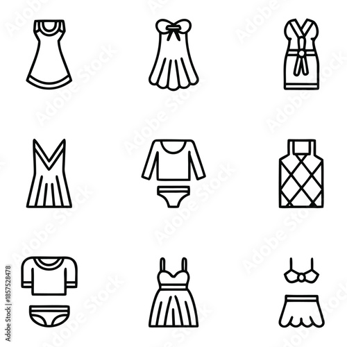Collection of nine simple black line art icons representing various styles of women's clothing and undergarments