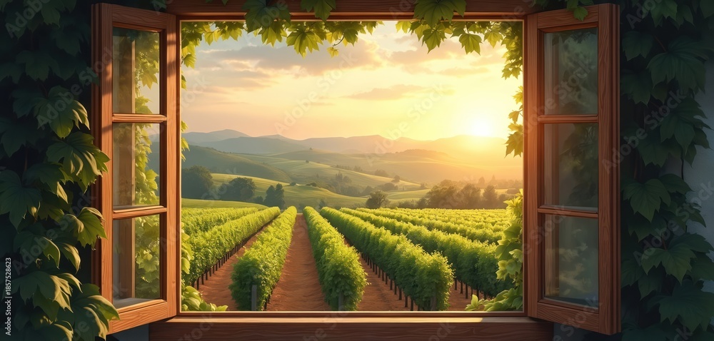 Fototapeta premium Open window frames sunrise over rich green vineyard hills. Morning light glows on grape rows stretching towards distant hazy mountains. Peaceful rural landscape inspires calm.