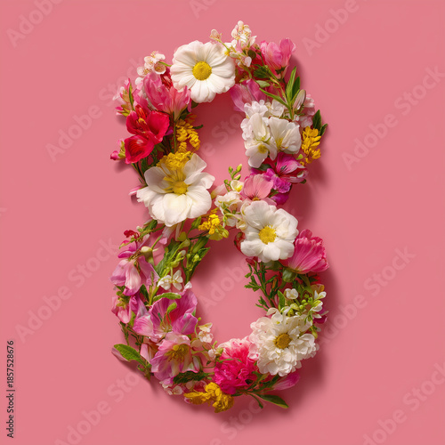 On a pink background, the number 8 is formed by flowers arranged in a way that resembles the digit. The image reflects concepts of beauty, creativity, and connection to nature.