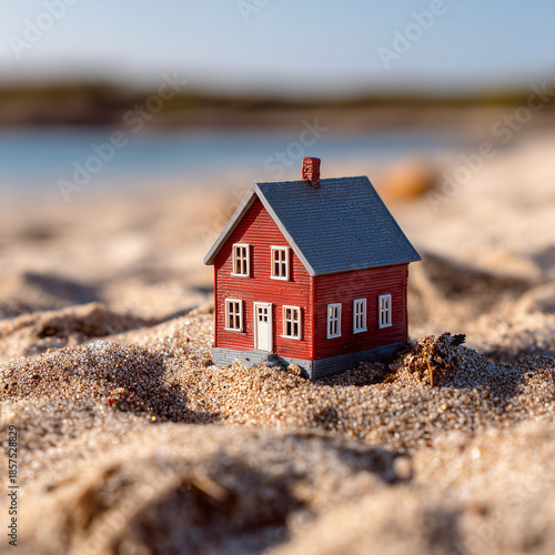 A miniature red-colored house positioned on a sandy shoreline, depicting a natural setting relevant to real estate and properties.