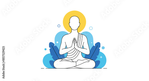Meditating figure in a yoga pose with a glowing yellow halo and blue leafy plants in a peaceful and zen illustration.