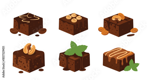 Selection of gourmet chocolate brownies topped with different garnishes like nuts, caramel, mint, and sea salt on white background.