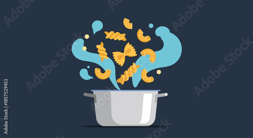 Dynamic illustration of various dry pasta shapes jumping out of a cooking pot amidst steam and splashes on a dark background.
