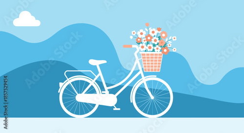 White bicycle with a front basket full of colorful flowers against a blue hilly landscape with a small cloud.