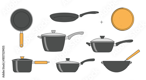 Collection of gray kitchen pots, pans, and a wok with wooden handles and a wooden cutting board on a white background.