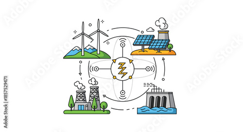 Comprehensive diagram showing various renewable energy sources like wind, solar, hydro, and geothermal connected to a power grid.