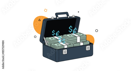 Dark blue briefcase overflowing with stacks of cash and floating currency symbols on a simple decorative background.