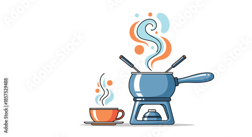 Blue fondue pot on a stand with a steaming cup of coffee and colorful abstract smoke swirls in a cozy food scene.