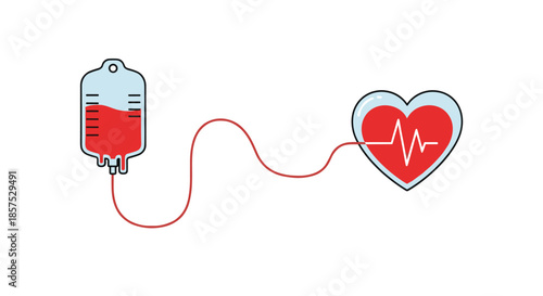 Medical illustration showing a blood bag connected by a red line to a heart symbol with a white heartbeat pulse line.