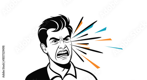 Expressive black and white illustration of a frustrated man screaming with colorful abstract shards coming out of his face.