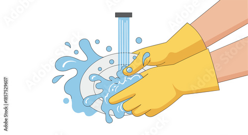 Hands wearing yellow rubber gloves washing a white plate under running water with blue soap bubbles and splashes.